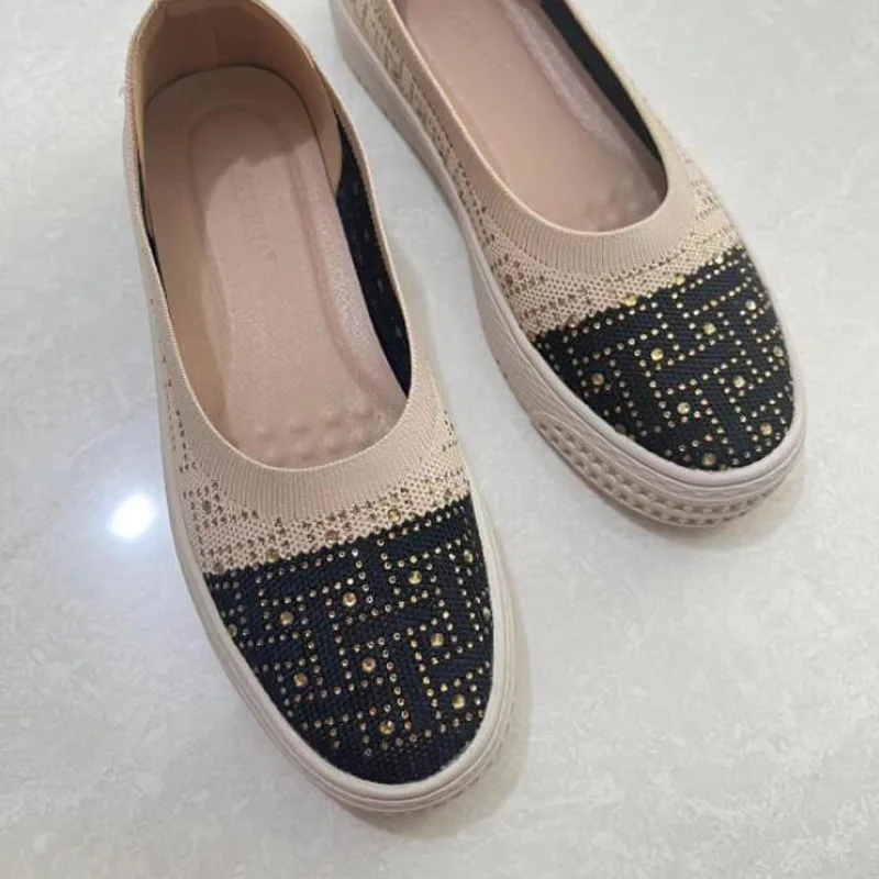 Womens Stretch Knitted Rhinestone Breathable Flat Platform Casual Fisherman's Shoes Slip-on Fashion Ladies Flats Driving Loafers