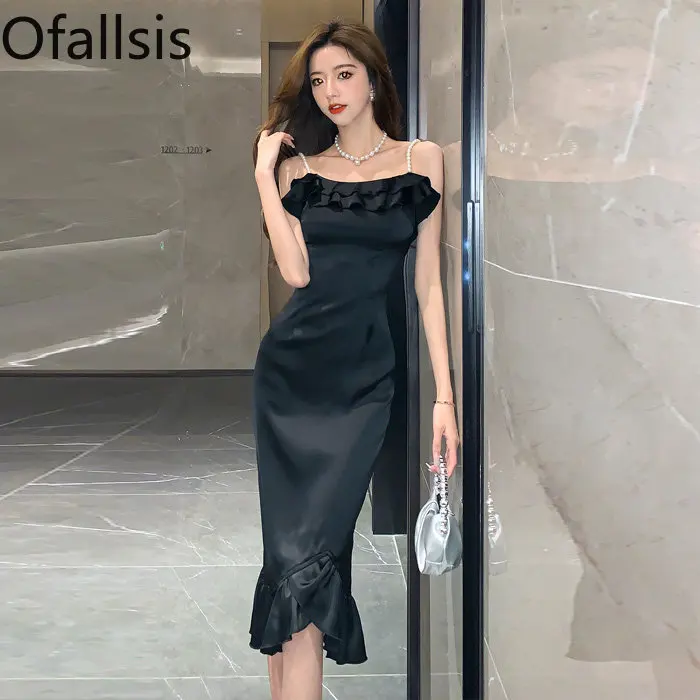 

Ofallsis Fashionable Light Mature Style Wood Ears Pearl Sling Strap Dress 2023 Summer New Opening Fishtail Mid Length Dresses