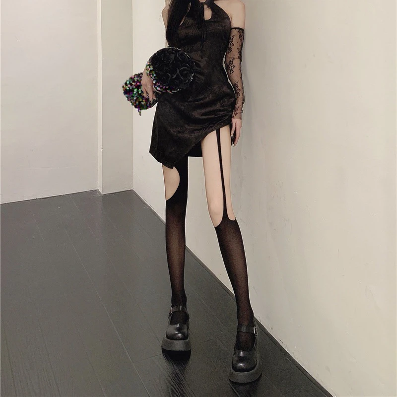 

Asymmetrical Suspenders Black Silk White Stockings Women's Sexy Hole Hollow Fishnet Socks Summer Thin Solid Color Pantyhose