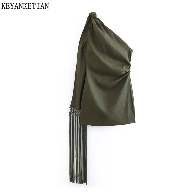 

Летнее Новое асимметричное облегающее платье KEYANKETIAN с вязаным крючком цветочным рисунком и бахромой, женское платье болотного цвета, льняная мини-юбка