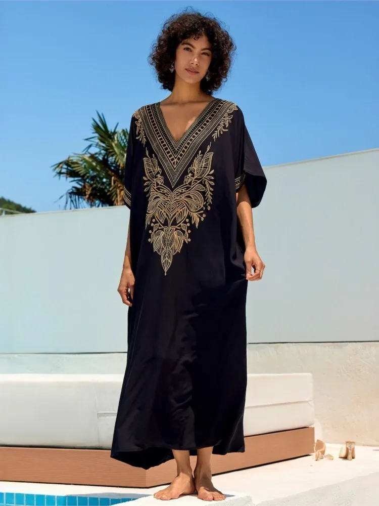 2025 Print Maxi Dress Batwing Sleeve Tunic Spring Summer Beach Casual Plus Size Women Beachwear Kaftan Cover-ups