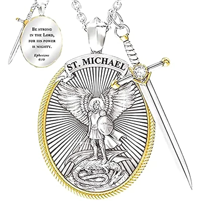 

St. Michael Pendant Necklace , Men's Archangel Michael Viking Necklace Pendant, Saint Michael Medal Necklace with Sword Shield
