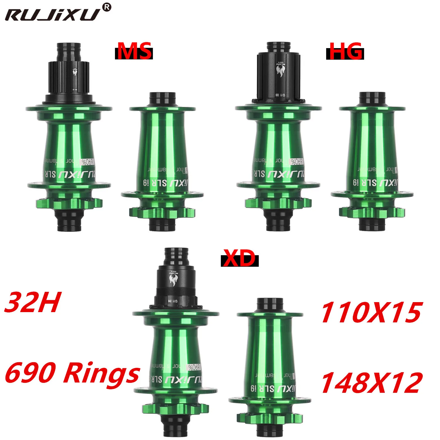 Фото зеленый RUJIXU SLR I9 690 Click Hub 7 подшипников Ступица для горного велосипеда MTB Передняя и задняя 32 отверстия QR TA BOOST Ступица дискового тормоза Велосипедные ступицы MS/XD №5
