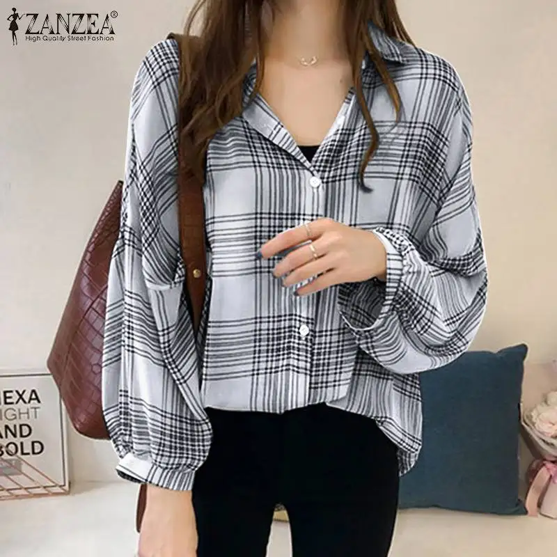 

Винтажная Свободная блузка ZANZEA с рукавом 3/4, модная блузка в клетку, Женская Повседневная рубашка с отложным воротником, блузки большого раз...