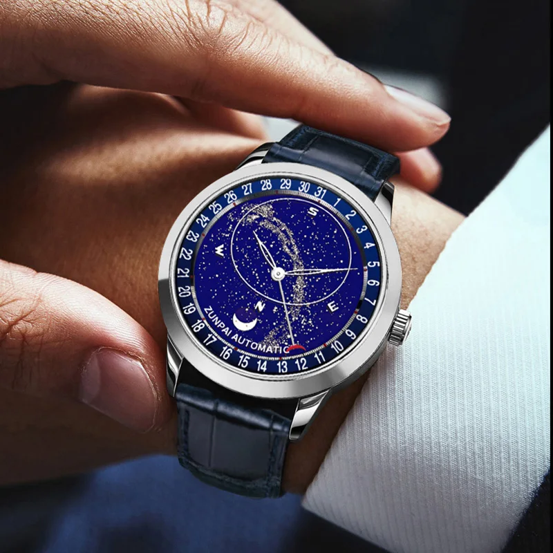 

Fully Automatic Starry Fashion Men's Watch Luxury Brand Automatic Mechanical Men's Watch Waterproof Leather Clock 2022 NEW
