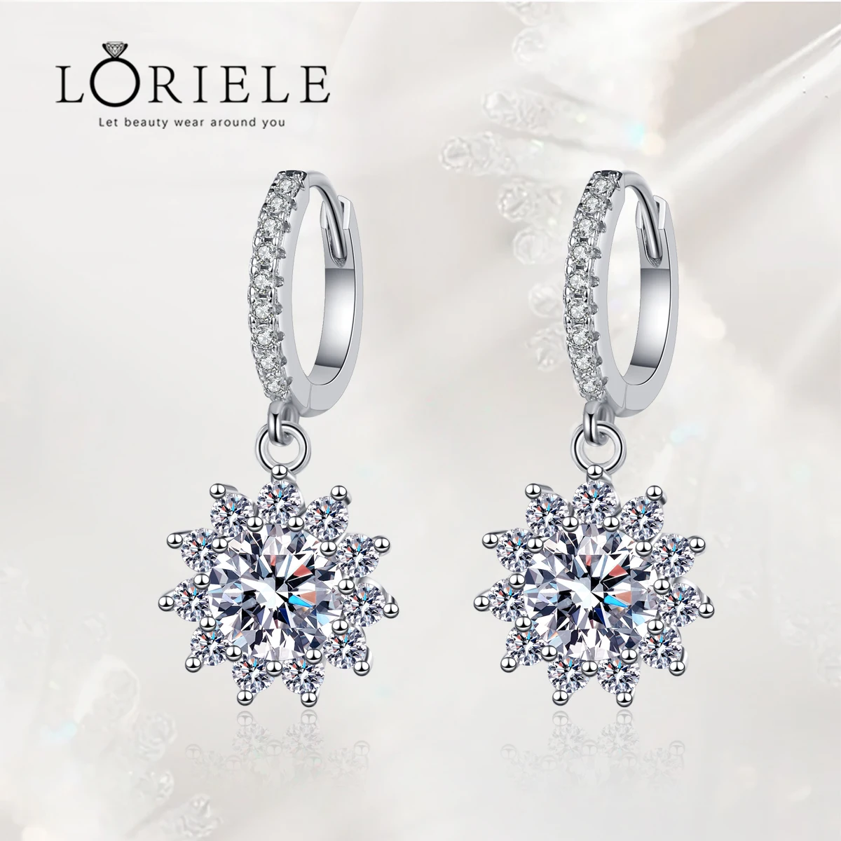

LORIELE Moissanite Drop Earrings for Women Rhodium Plated Sterling Silver Sunflower Diamond Hoop Dangle Earings Fine Jewelry