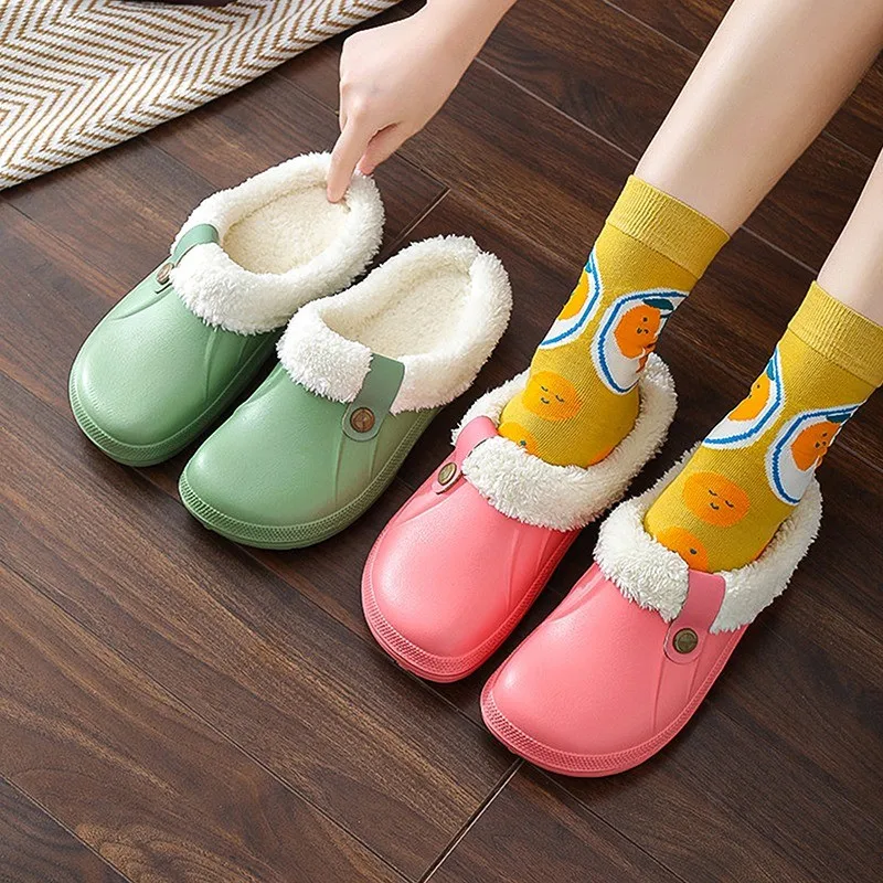 Comwarm Indoor Women Warm Slippers Garden Shoes Soft Waterproof EVA Plush Slippers Female Clogs Couples Home Bedroom Fuzzy Shoes
