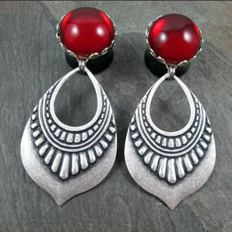 

Tribe Round Red Zircon Women Earrings Vintage Silver Color Geometrically Irregular Shape Hand Carving Pattern Dangle Earrings