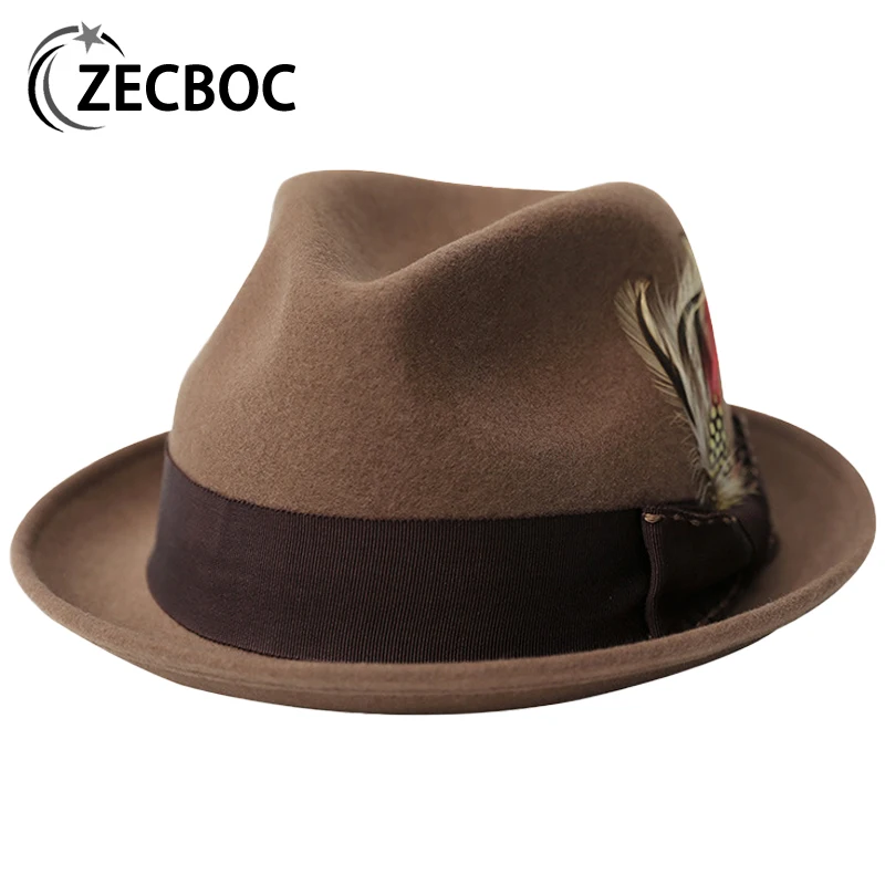

100% Wool Fedora Hat For Men Autumn British Style Neutral Fashion Feather Retro Jazz Top Hats Luxury Woman Hat Wedding Ceremony