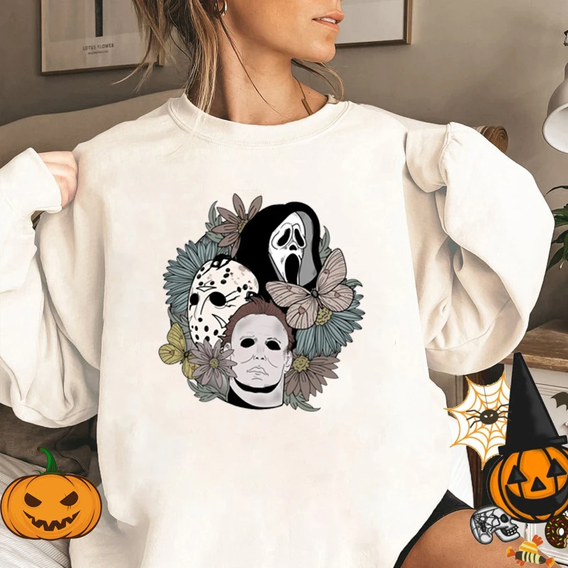 

Horror Movie Scary Hooded Halloween Women Sweatshirt Crewneck Pullover Halloween Party Ghost Boo Skull Flower Hoodies Oversized