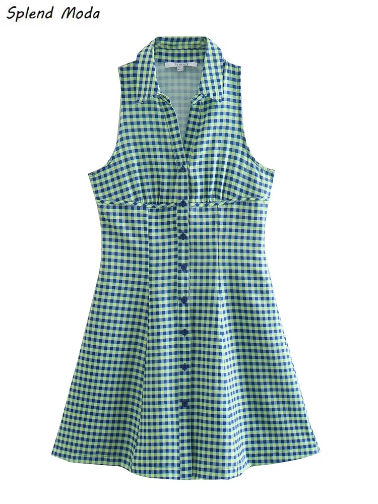 

Splend Moda Korean Lapel Plaid Women Spring Fashion Vintage Casual Sexy Vitality Sleeveless Single Breasted Slim Dress Vestido