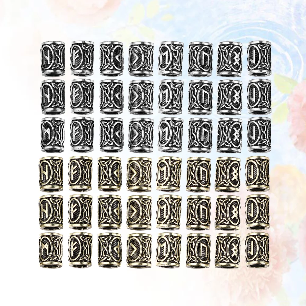 

48pcs Decorative Viking Rune Beard Beads Pirate Style Carved Hair Jewels Tubes DIY Supplies (Golden and Silver for Each