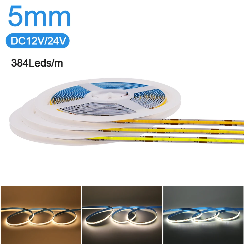 

Super Thin 5mm COB LED Strip 384 LEDs/m 5m Flexible DC12V/24V Light Bar Warm Cold White 3000K 4000K 6500K for Decor Lighting