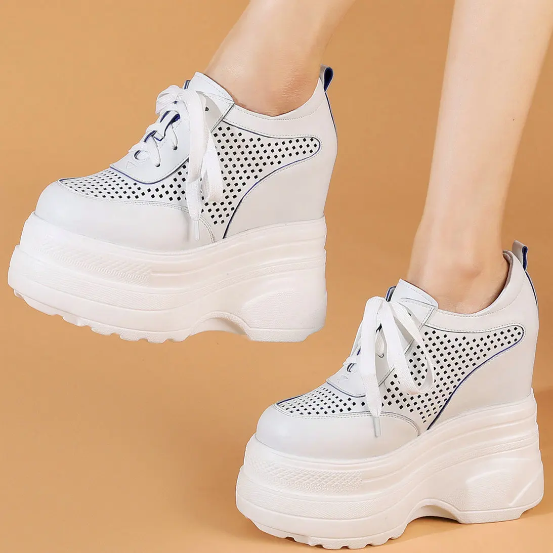 

Туфли-лодочки женские на танкетке, коровья кожа, на шнуровке, высокий каблук, круглый носок, Повседневная модная обувь