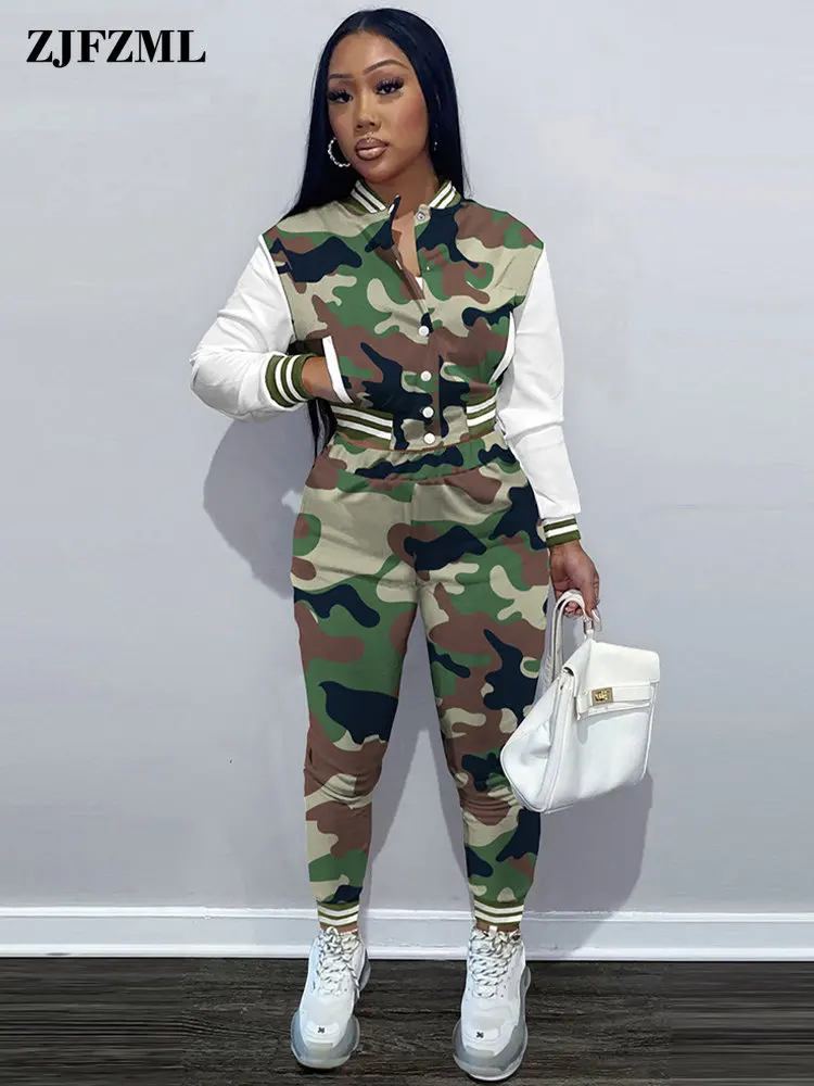 

Camouflage Patchwork Two Piece Jogger Suits Women Streetwear Button Up Long Sleeve Crop Tops and Elastic High Waist Workout Pant