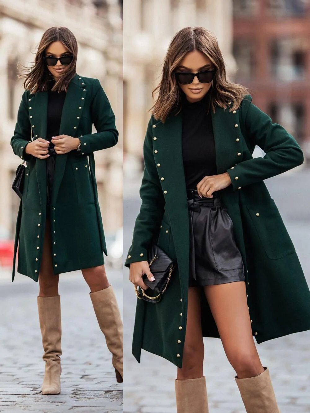 

Women Long Sleeve Autumn Winter Fashion Rivets Solid Color Trench Coat Casual High Waist Wool Coat