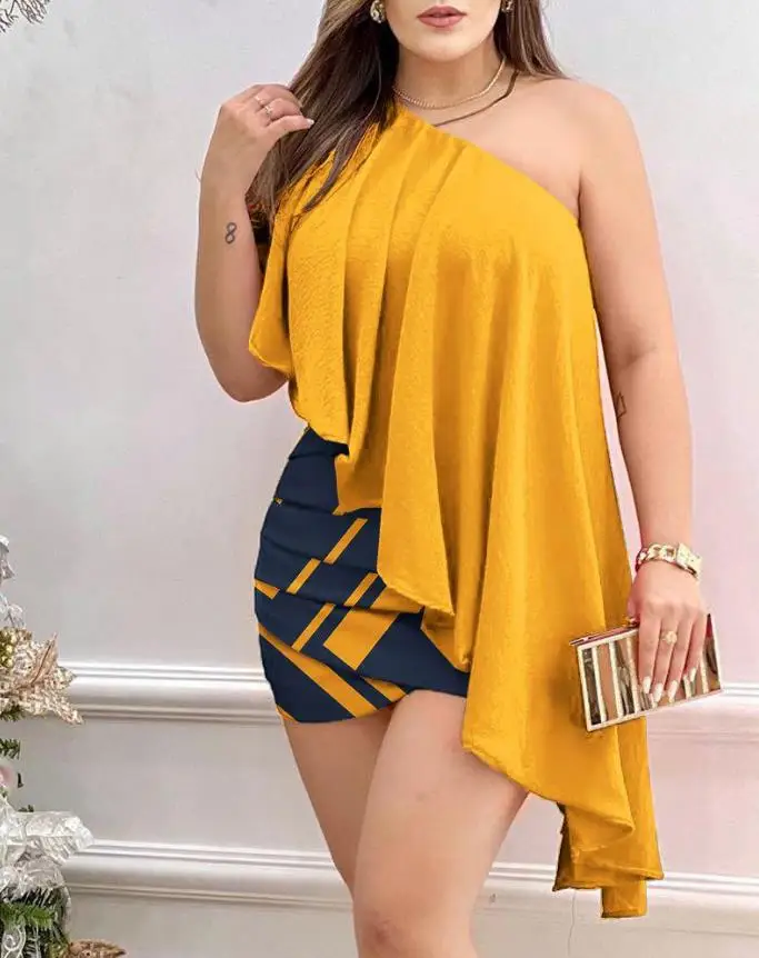 

Women's Dresses 2022 Summer Fashion Geometric Print Sexy One Shoulder Sleeveless Asymmetrical Ruffles Skinny Mini Party Dress