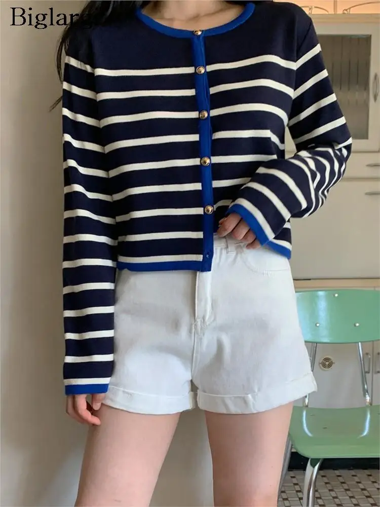 

Autumn Sweater Tops Women Korean Loose Fashion Striped Ladies Cropped Sweaters Long Sleeve Casual Woman Knitted Tops 2023