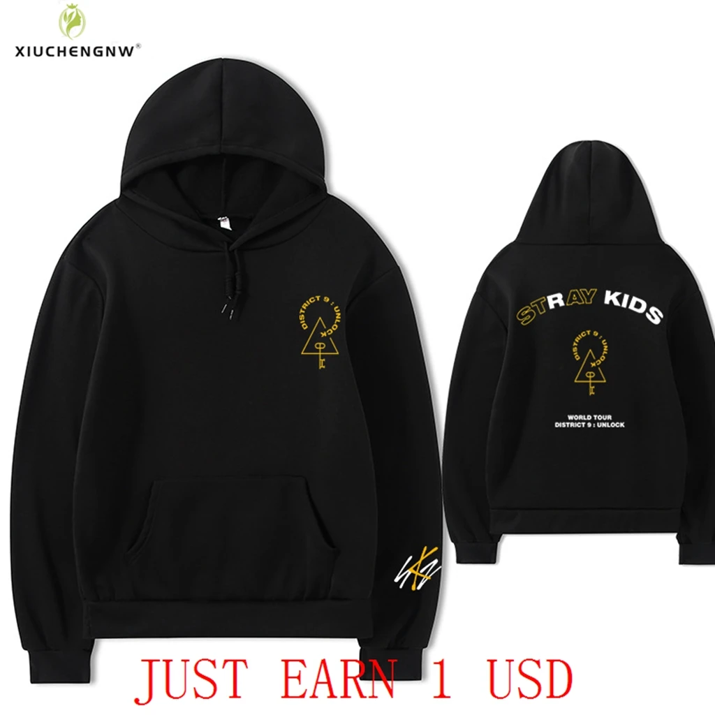 

Kpop District 9 Tour You MAKE STRAY KIDS STAY Letter Hooded Solid Color Long Sleeved Cotton Sweatshirt Y2K Oversize Streetwear