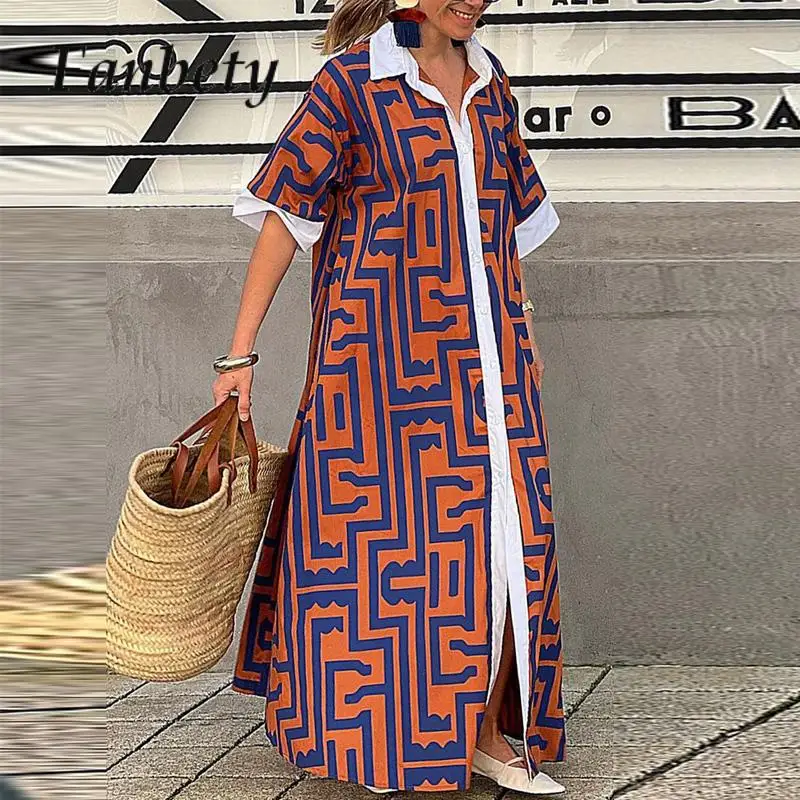 

2023 Loose Graphic Vintage Dress Women Elegant Half Sleeve Collar Bohemian Beach Dresses New Button-up Beautiful Maxi Dress