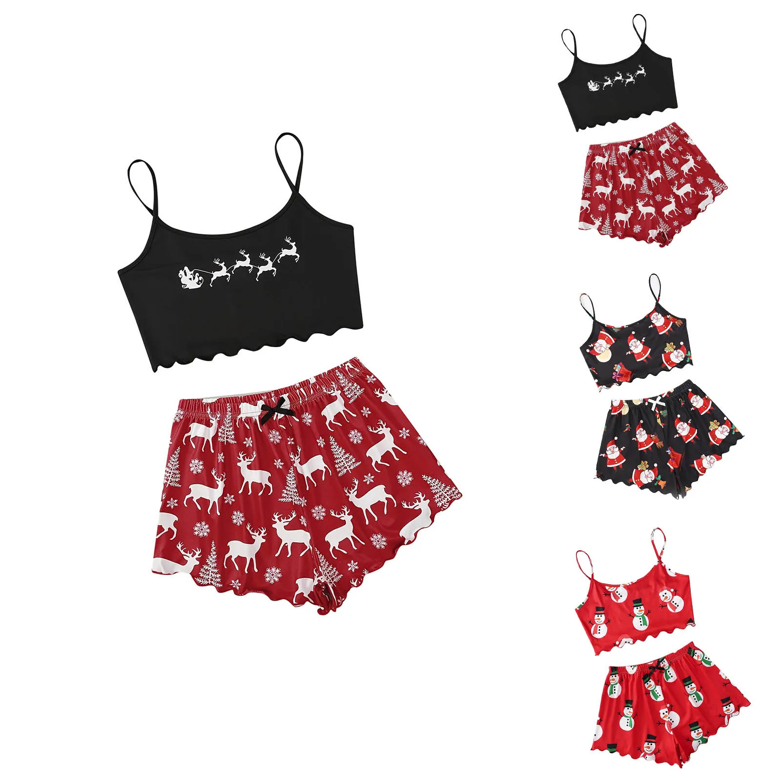 

Рождественская Пижама, Женский пижамный комплект, короткий топ без рукавов на бретельках с кружевной отделкой и шорты, Пижамный костюм, женская одежда для сна из 2 предметов