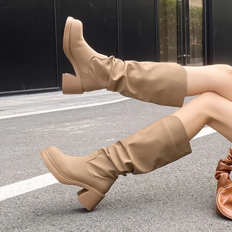 

Sexy Women High Heels Shoes Chunky Pleated Chelsea Knee High Boots 2023 Winter New Trend boots