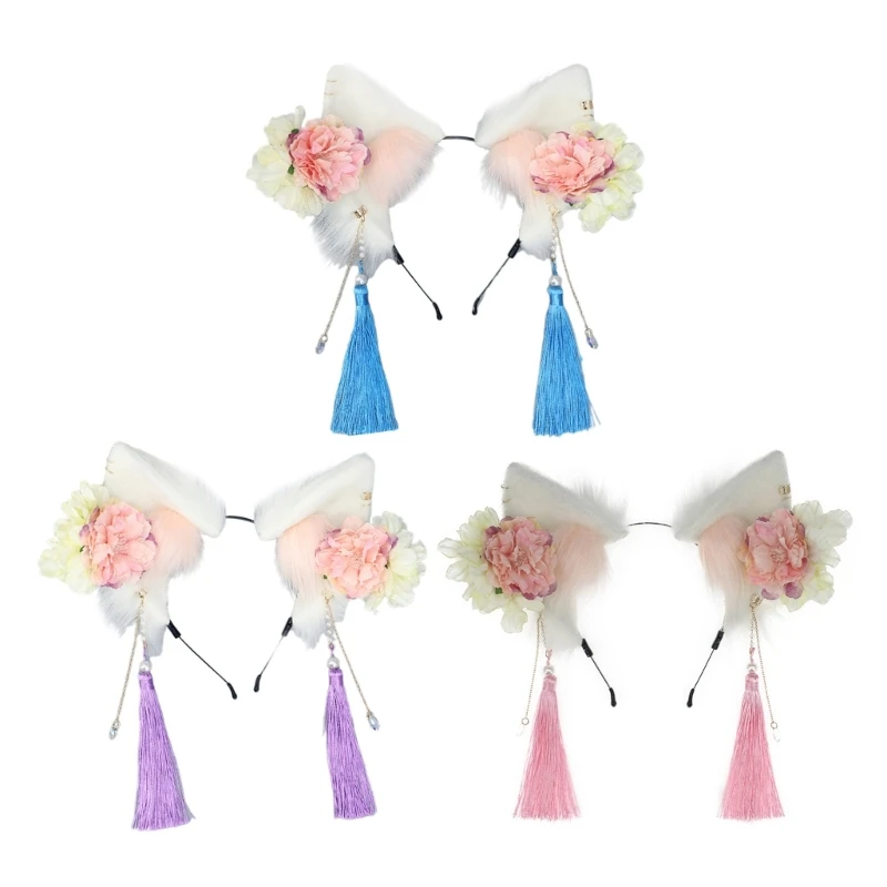 

Ободок для волос с цветочной кисточкой и лисьими ушками