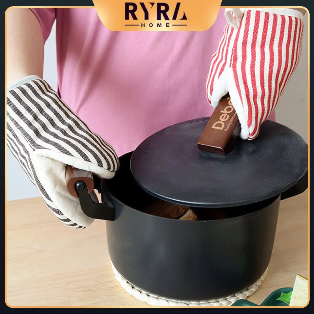 

Double Protection Insulated Oven Gloves Striped Pattern Kitchen Cooking Comfortable Heat-proof Gloves Durable Bakeware Duckbill