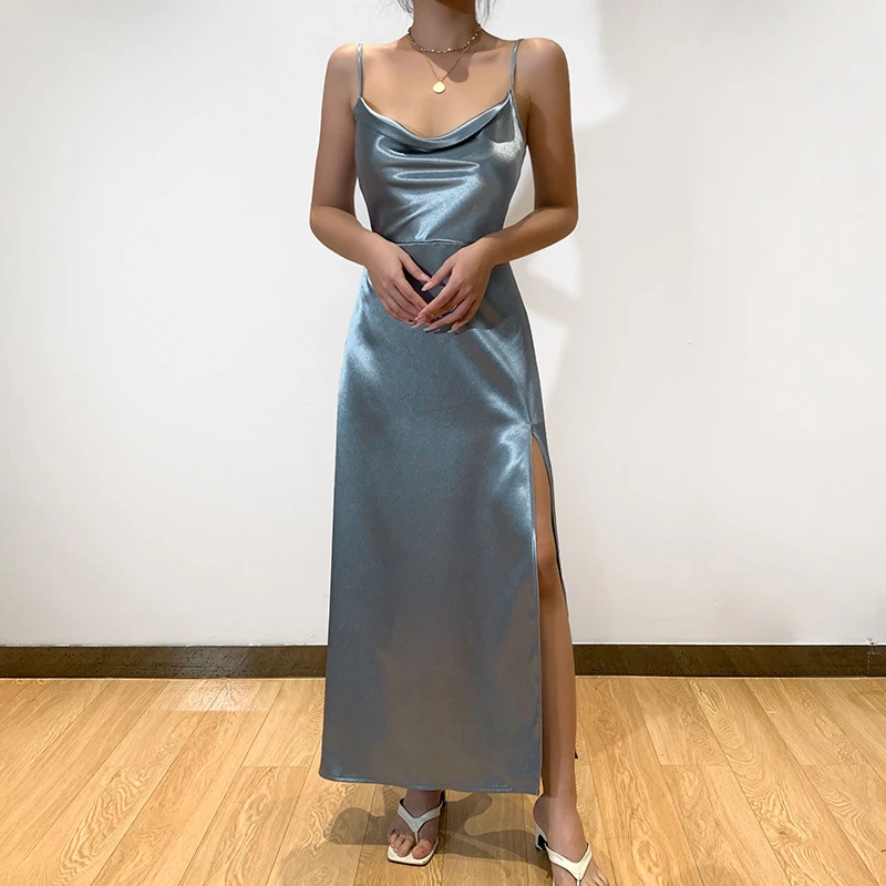 

French Style Elegant Backless Spaghetti Strap Midi Dress Summer Sexy Strap Sleeveless Satin Split Party Dresses For Women