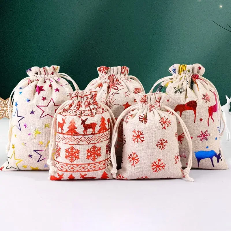 

12Pcs Cotton and Hemp Christmas Bronzing Drawstring Gift Bag Candy Jewelry Packaging Bags Decoration Party Supplies
