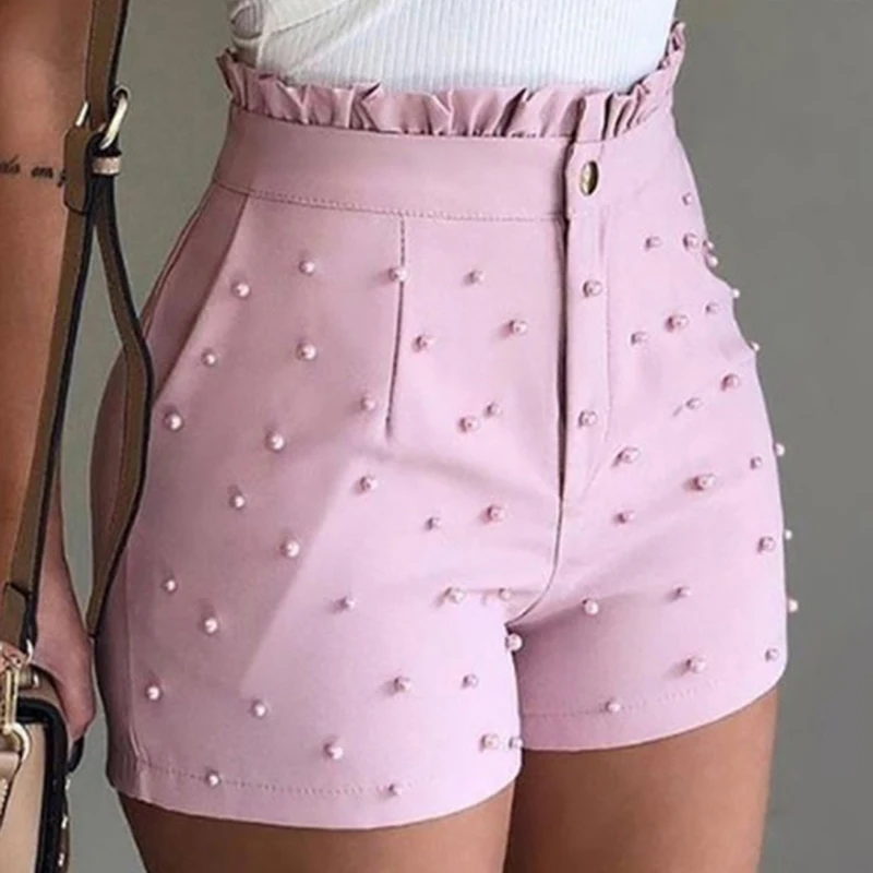

Summer High Waist Shorts Women Ladies Beading Ruffle Casual Shorts Pink Black Pantalones Cortos De Mujer