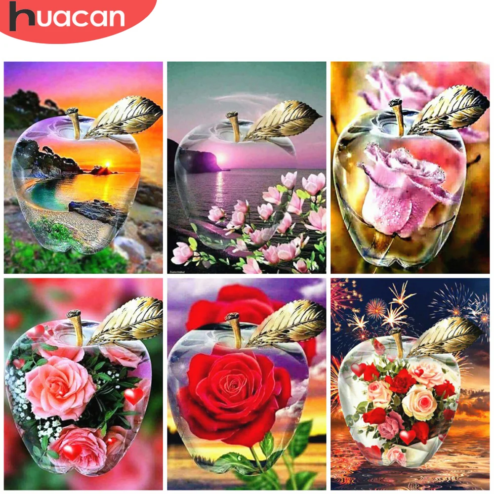 

HUACAN Full Square Diamond Painting Sunset Landscape Mosaic Sea 5D DIY Diamond Embroidery Apple Flower Home Decor Craft Kit