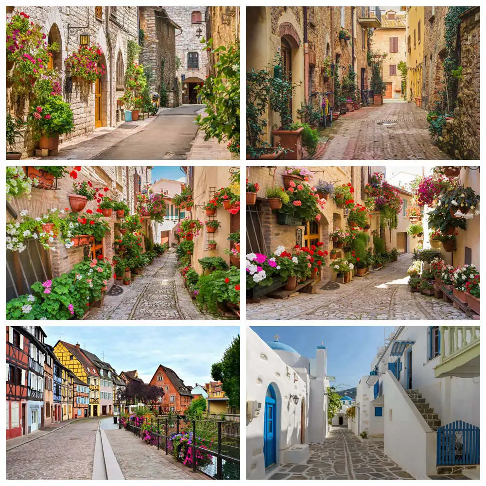 Rural Town Street Photography Backdrop Spring Decoration Flowers Potted Village Alley Corridor Home Photo Booth Background Props