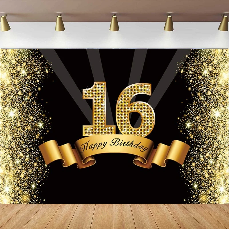 

Glitter Black And Gold Photography Backdrop Party Teens Boys Sixteen 16th Years Old Happy Birthday Decor Background Banner