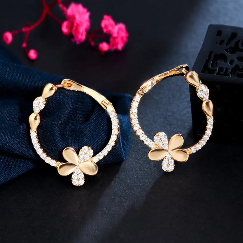 

Shiny Cubic Zircon Yellow Gold Color Plated Cute Lovely Flower Round Drop Earrings for Women Trendy Korean Jewelry