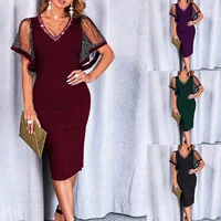 2022 spring and summer new womens clothing solid color hot drilling mesh v neck dress women casual party casual dresses lady