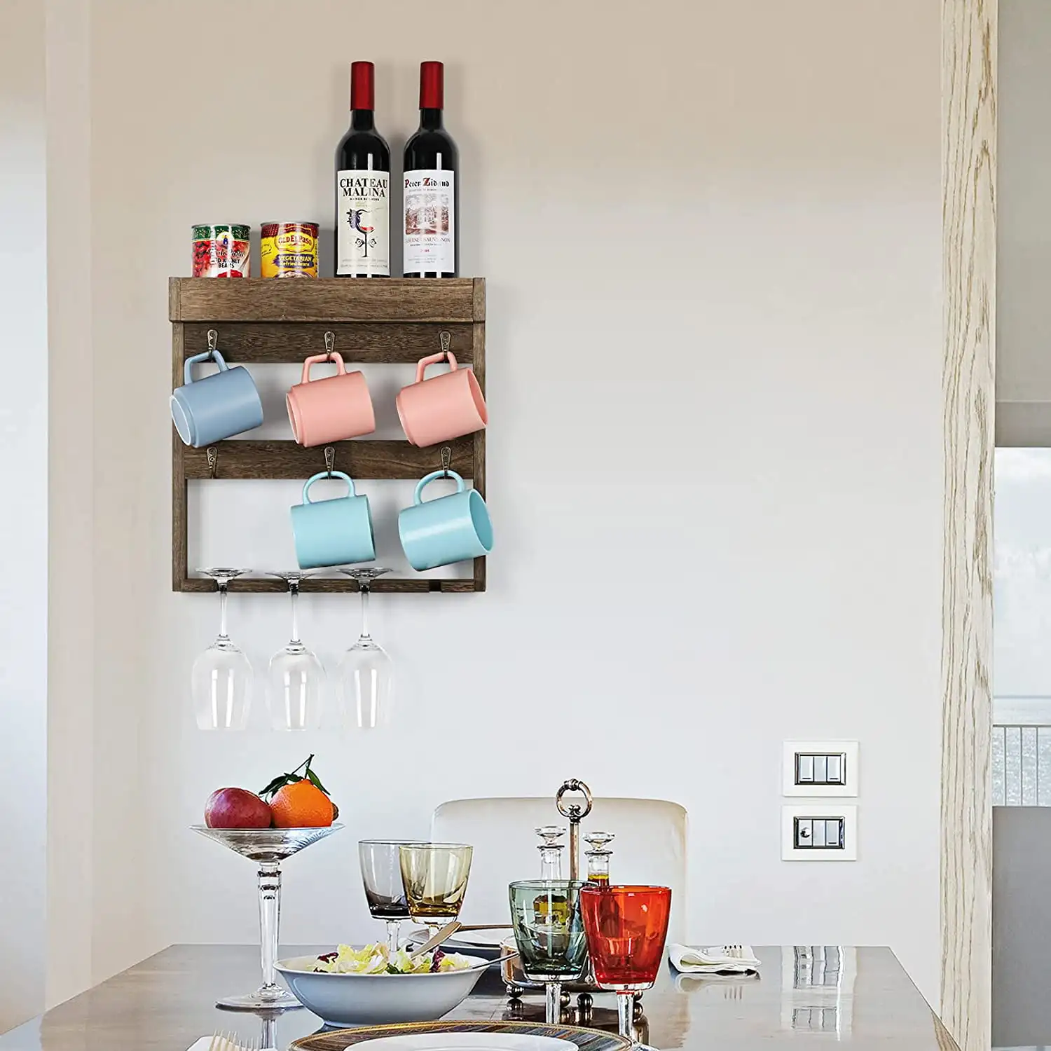

Wall Mounted Wine Glass and Coffee Mug Storage Rack Shelf with 6 Metal Hooks, Rustic Brown