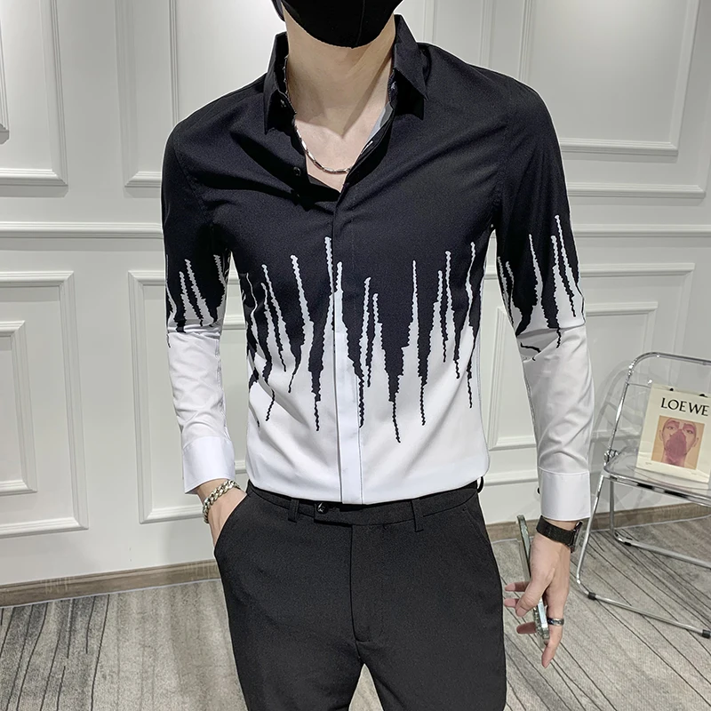 

Mens Fashion Patchwork Color Long Sleeve Tuxedo Dress Shirts Men Clothing 2022 Simple Slim Fit Prom/Club Blouse Homme