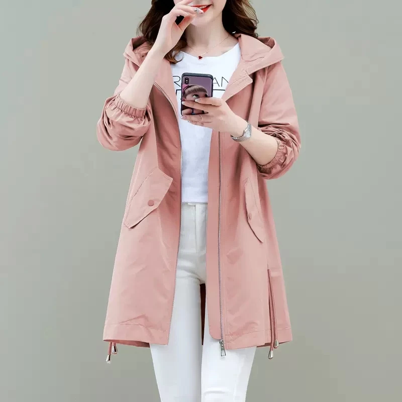 

Mid-Length Windbreaker Women Outerwear New Spring Autumn Jacket Female Overcoat Korean Loose Fashion Hooded Windbreaker Coat