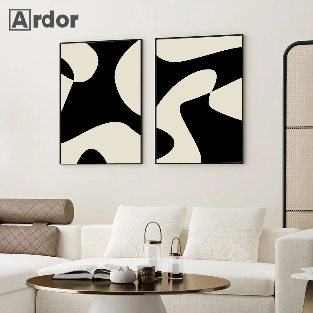 

Black Beige Abstract Canvas Painting Artwork Mid Century Poster Modern Wall Art Print Neutral Gallery Geometric Mural Home Decor