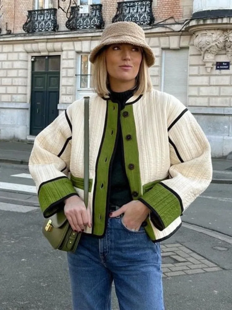 

ADAgirl Patchwork Contrast Colour Jacket Autumn Winter Button Up Long Sleeve Top Coats for Women Streetwear Casual Loose Clothes