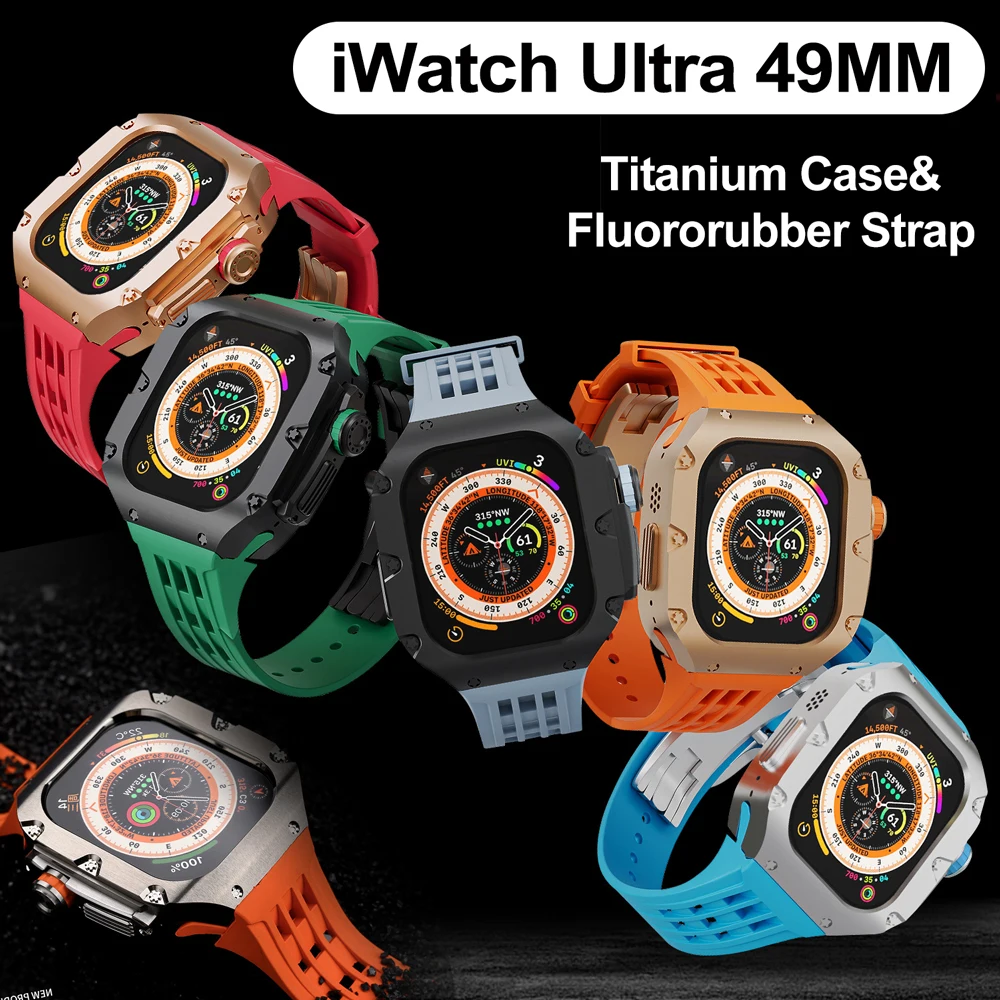 

Metal Case Rubber Band for Apple Watch Band Ultra 2 49Mm Luxury Modification Kit Titanium Case Fluororubber Strap Iwatch Ultra
