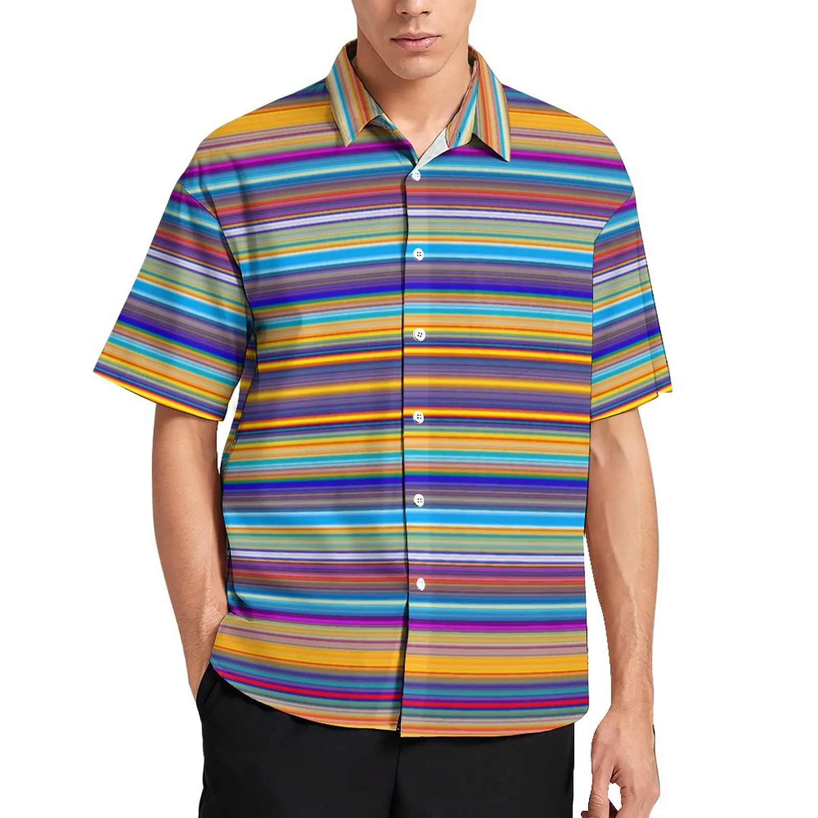 

Colorful Line Blouses Men Multi Striped Print Casual Shirts Hawaiian Short-Sleeved Graphic Funny Oversized Beach Shirt Gift