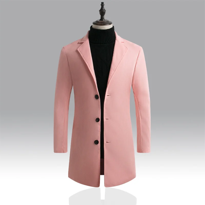 

Осеннее Мужское пальто, розовая Зимняя одежда, длинное Смешанное пальто, мужское приталенное шерстяное пальто оверсайз, Топ с длинным рукав...