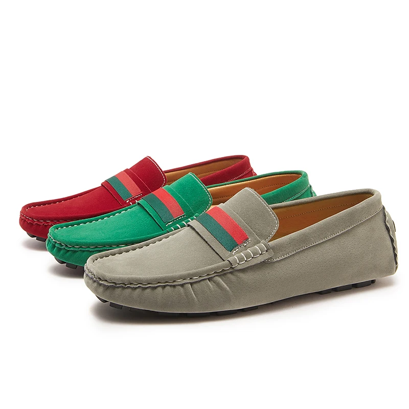 Роскошные замшевые мужские лоферы красные зеленые брендовые на плоской подошве