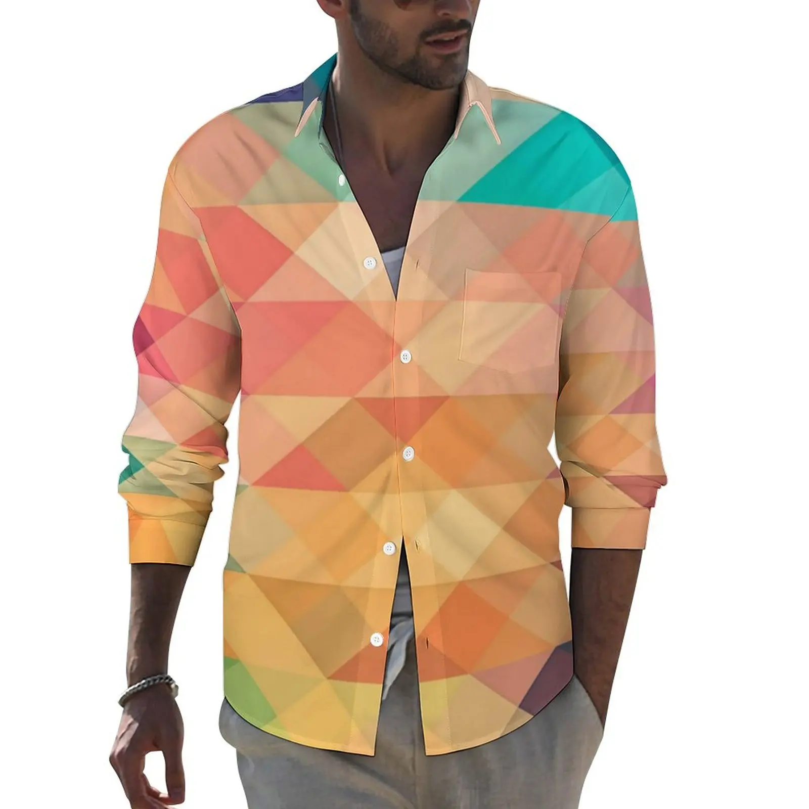 

Pastel Geometry Shirt Men Ombre Shapes Print Casual Shirts Autumn Street Graphic Blouses Long Sleeve Loose Oversize Clothes Gift