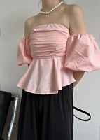 womens elegant puff sleeve blouse top summer chic french style off shoulder strapless blouse lady high street solid color top
