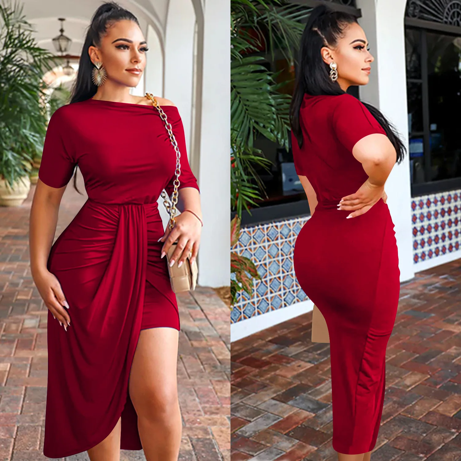 

Summer Fashion Off The Shoulder Dress Women Elegant Slash Neck Irregular Party Dress Women