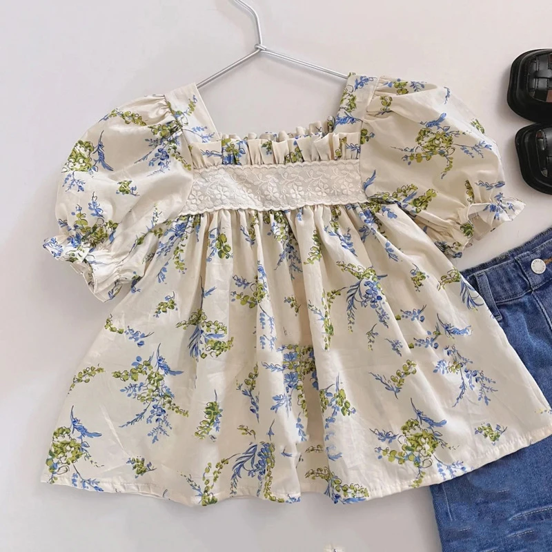 

Dresses Korean Version Fashion Clothings Summer Bubble Sleeve Square Neck for Girls Princess Pleat Floral Dress Robe Fleurs