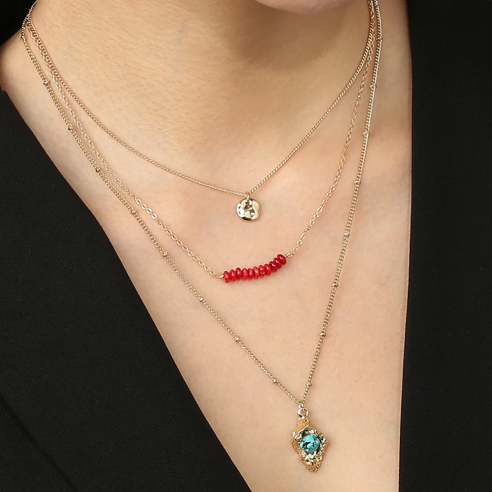 

Factory Fashion Necklace Jewelry Vintage Turquoise Pendant Multi-Layer Little Golden Beans Coralite Jewelry